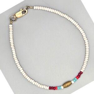 14K Gold Filled Seed Bead Bracelet White Red Turquoise Brass Barrel Bead 6.5"